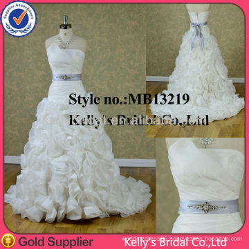 2014 New Style A-line organza wedding dress with blue sash